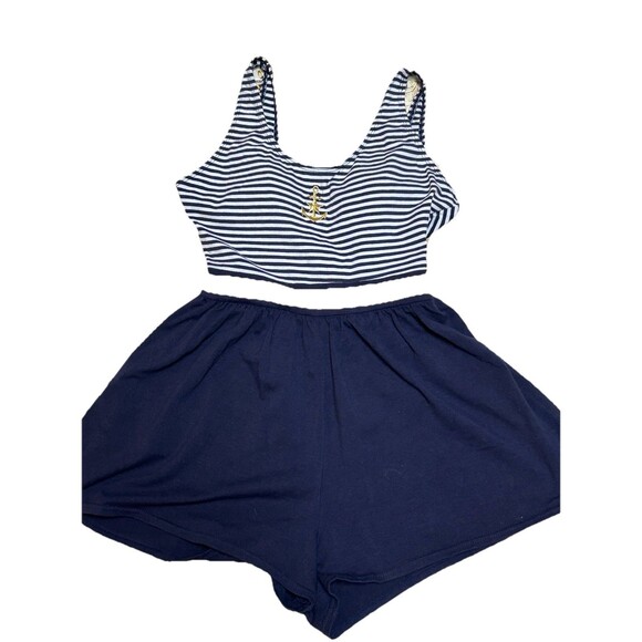 Vintage Tahiti Nautical Romper Swimsuit Navy Stripe Size 9/10 Anchor Detail - Picture 1 of 7